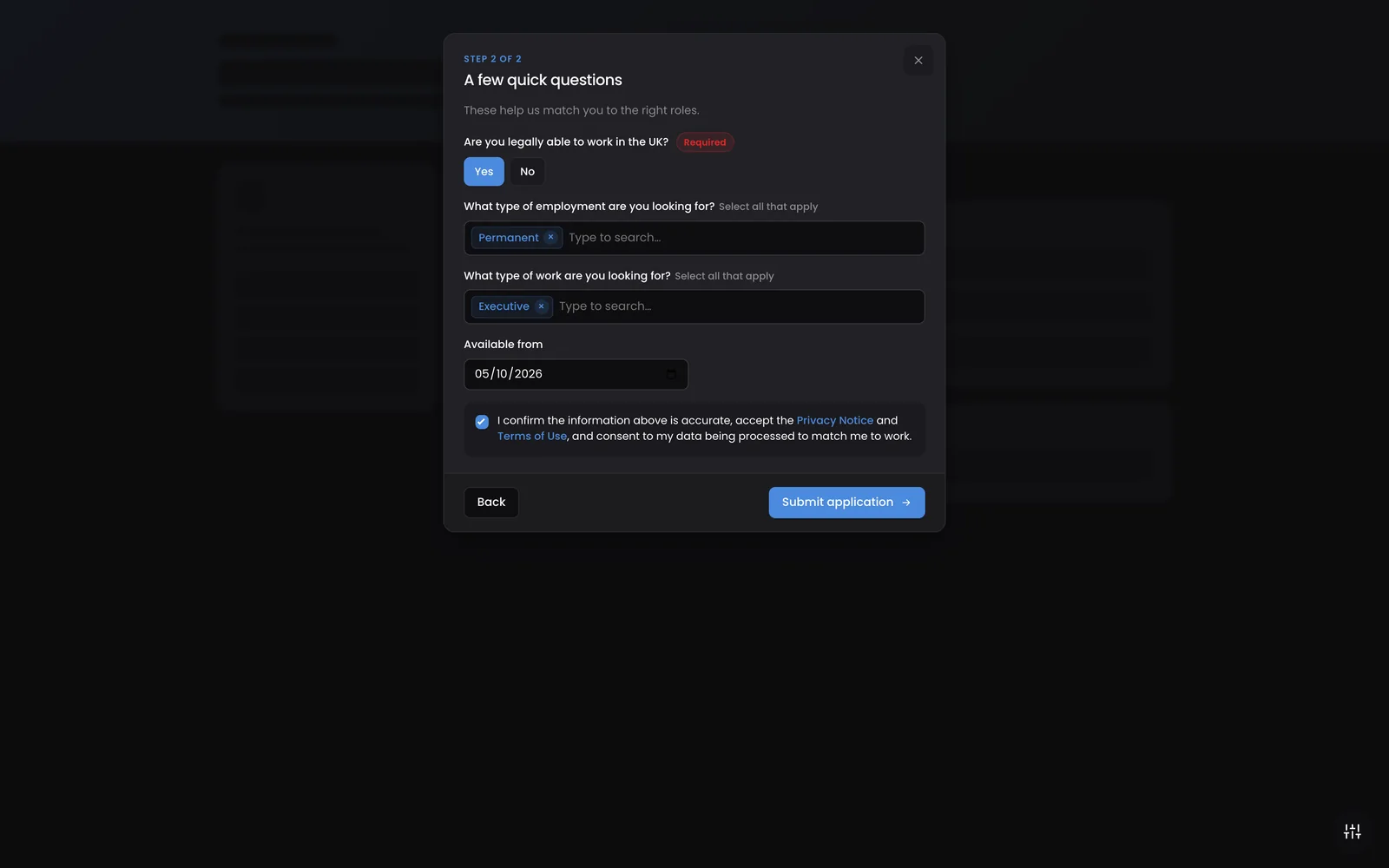 candidate.yourdomain.com - Apply - Classification Questions
