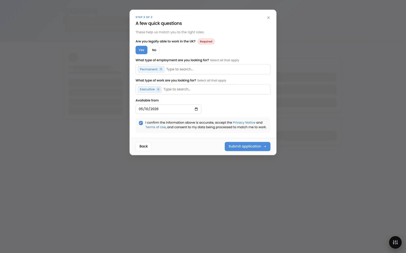 candidate.yourdomain.com - Apply - Classification Questions
