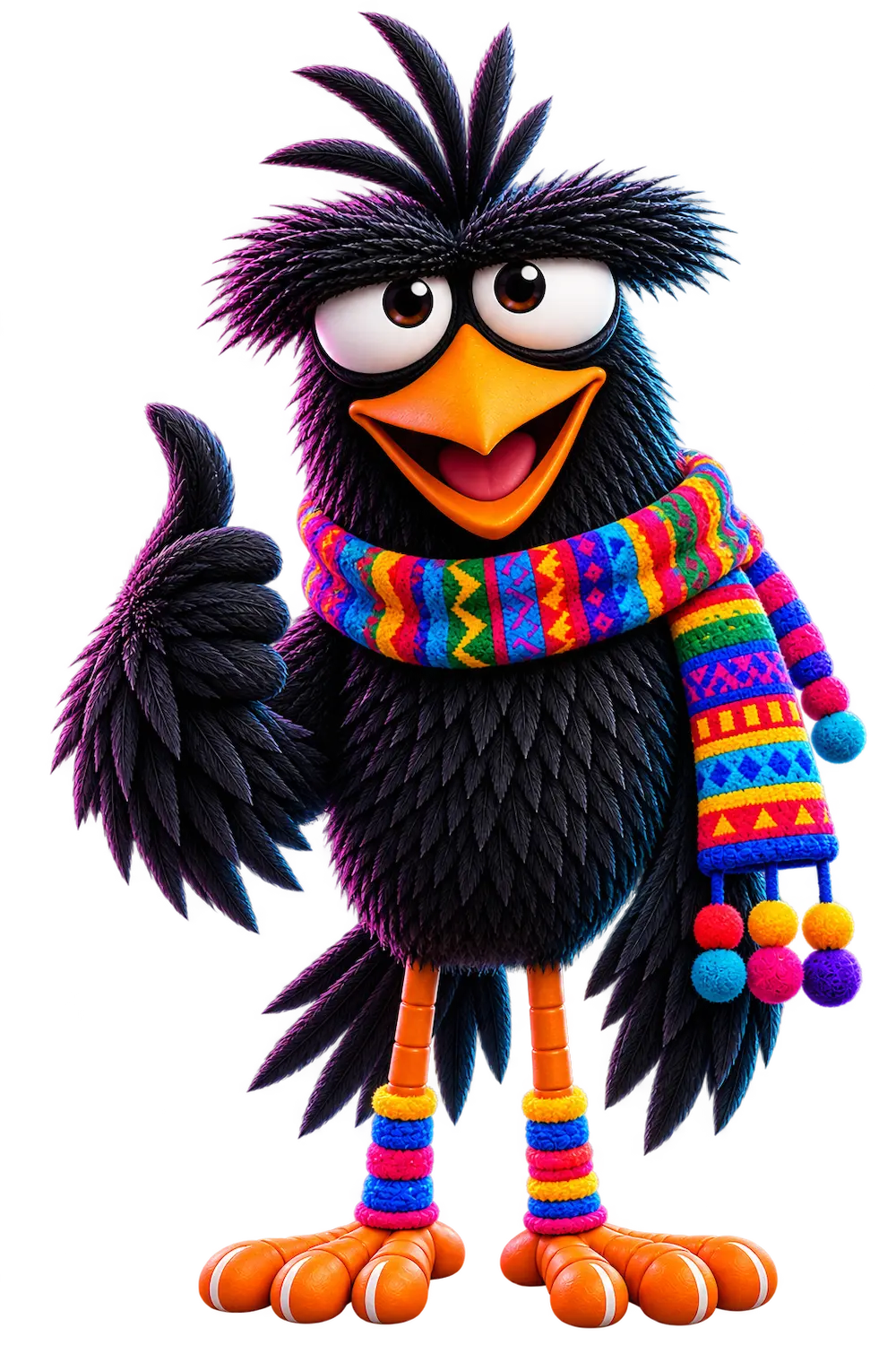 Rave, the Raven Hutten mascot, smiling and giving a thumbs-up with his feathered wing, wearing a colorful knitted scarf.