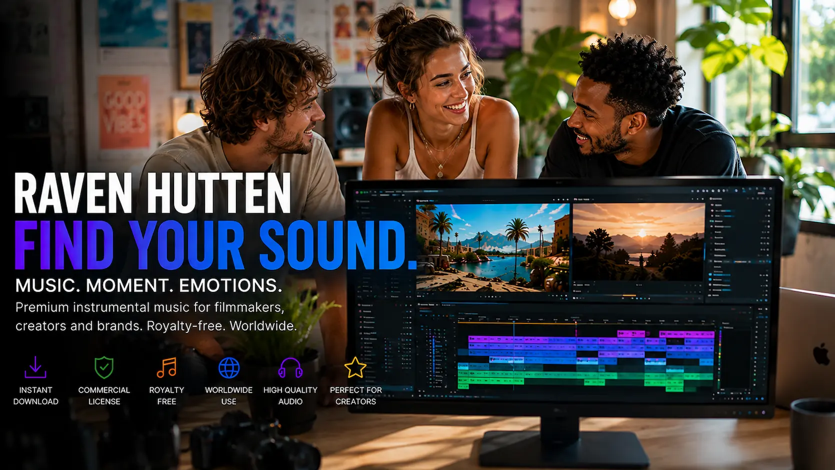 Raven Hutten hero banner featuring five diverse creators from around the world collaborating around a video-editing monitor in a bright coastal studio, with colorful “Find Your Sound” text and icons highlighting royalty-free music, commercial licensing, worldwide use, instant downloads, and high-quality audio.