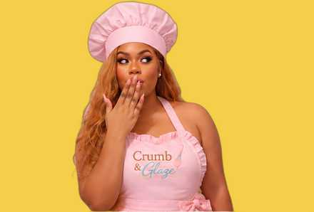 Crumb & Glaze baker, playful hand-to-mouth pose, against a sunny yellow background