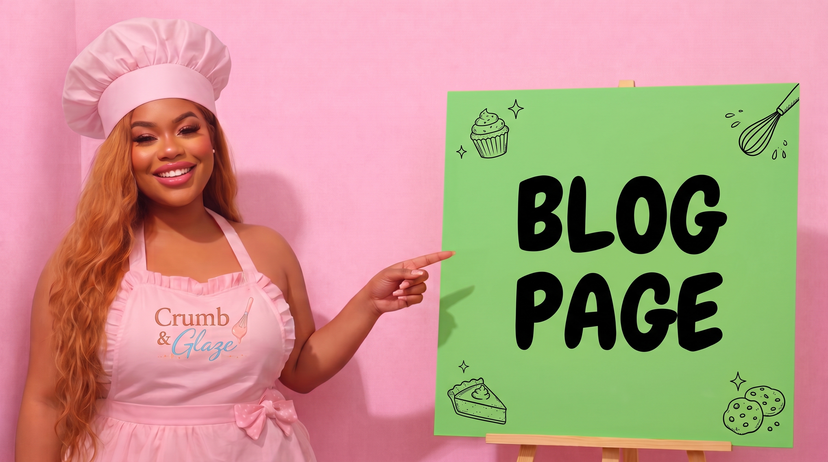 Crumb & Glaze baker pointing to a Blog Page sign
