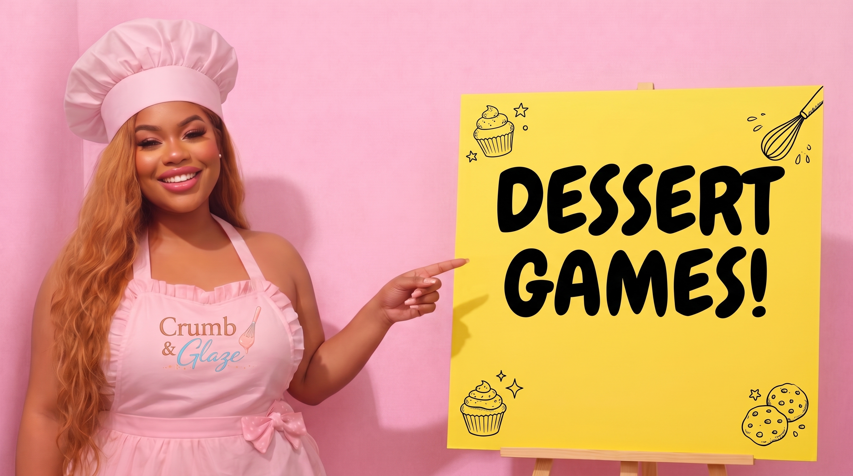 Crumb & Glaze baker pointing to a Dessert Games sign