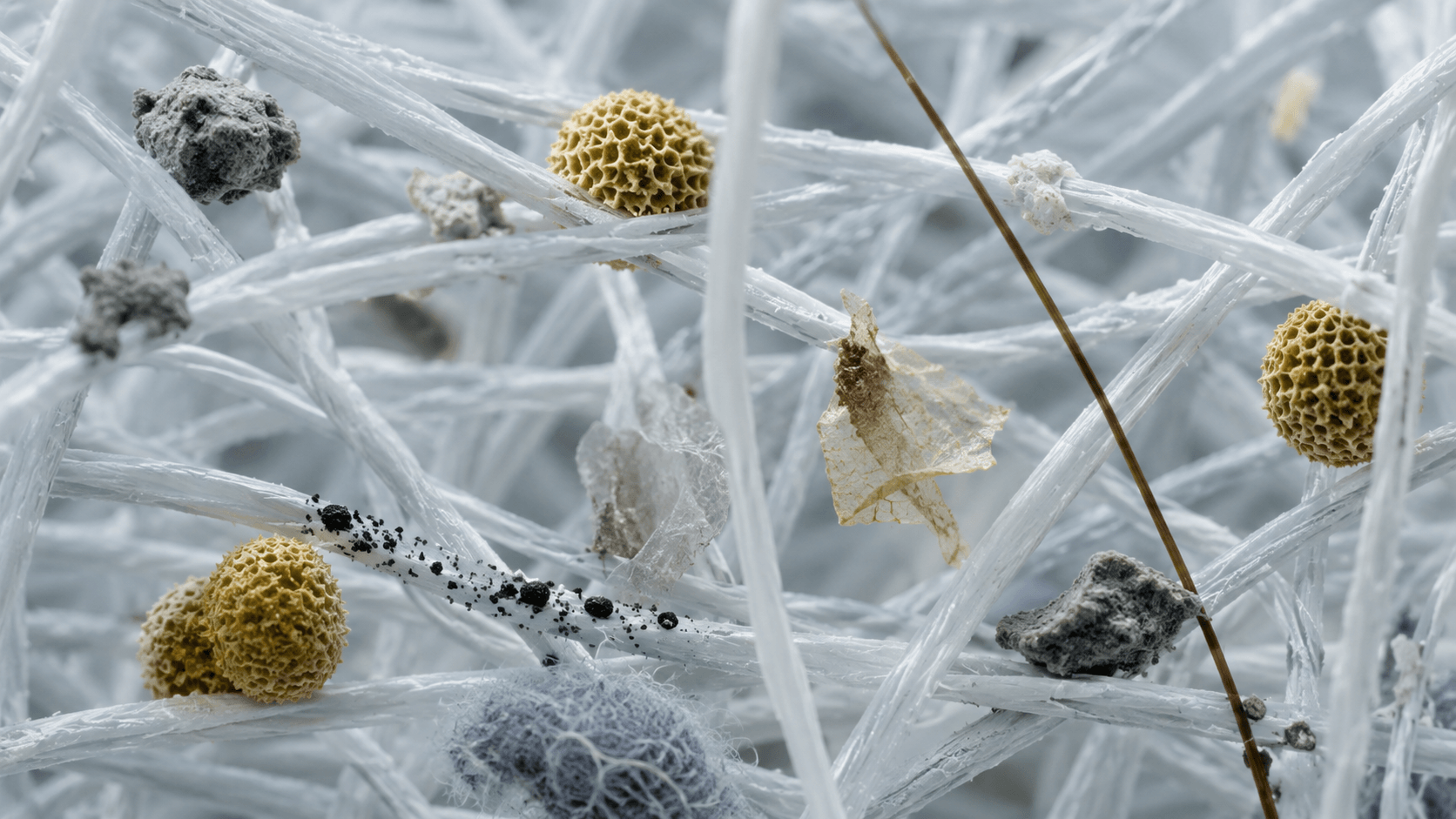 An extremely close-up shot of harmful particles trapped in air filter material.