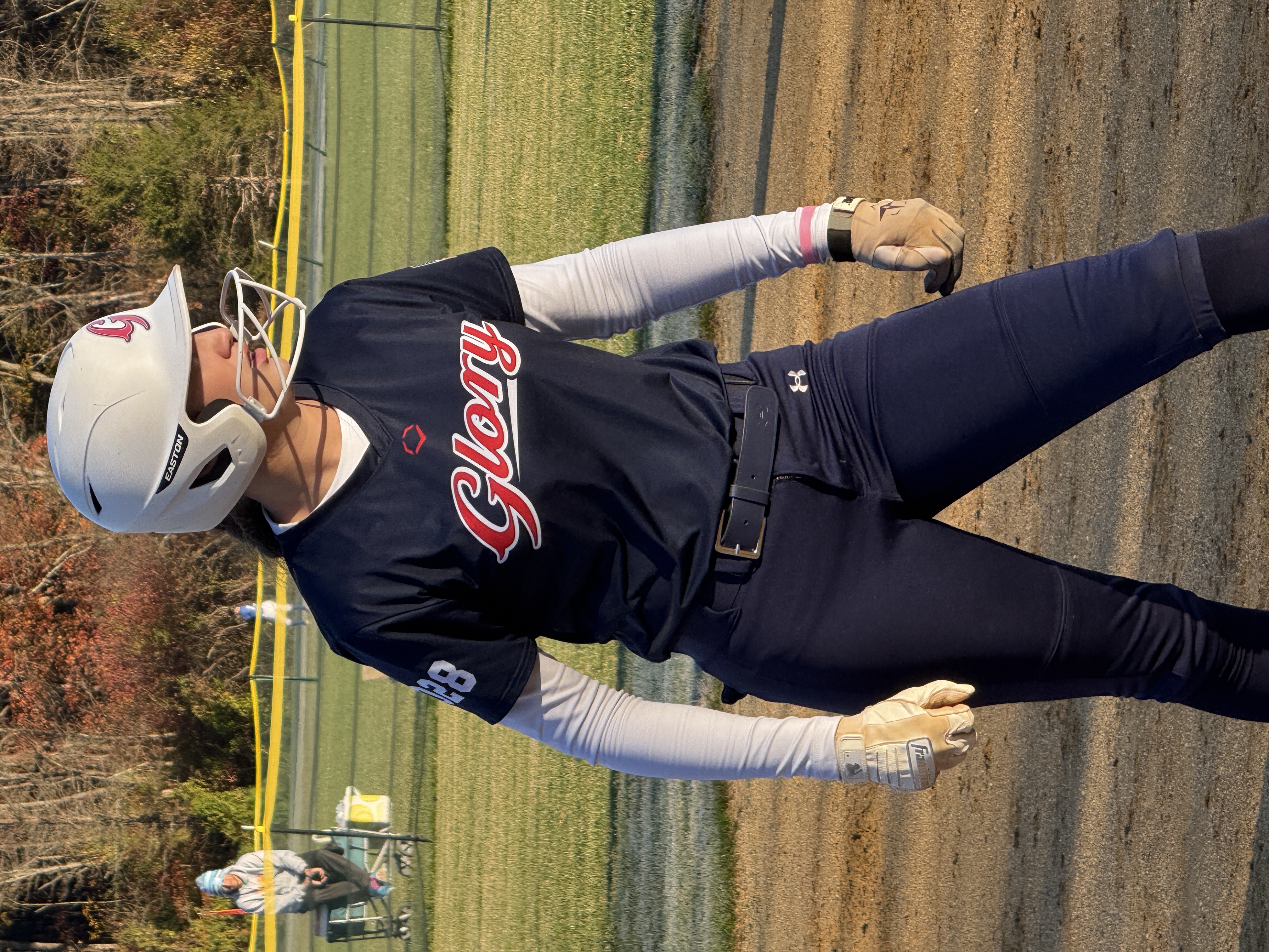 Payton Cascio, 2028 catcher and corner infielder, at the plate mid-swing for VA Glory 18U
