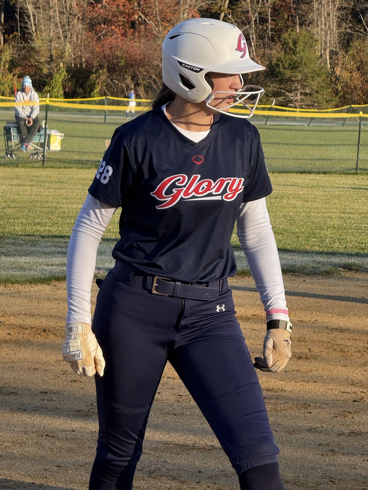 Payton Cascio, 2028 catcher and corner infielder, at the plate mid-swing for VA Glory 18U