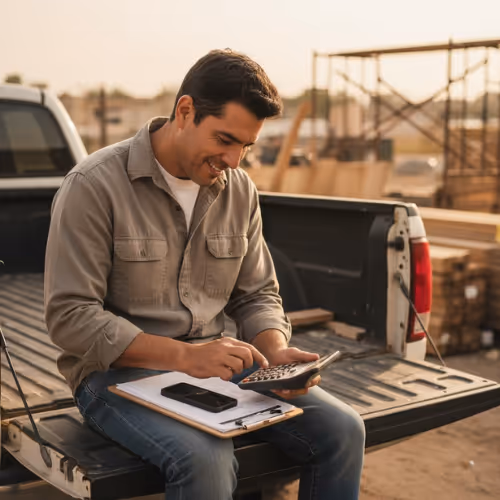 Small business owner reviewing numbers on a truck tailgate at a worksite