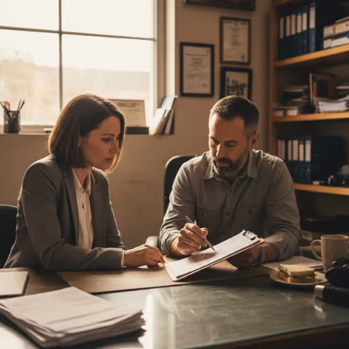 ChatBiz advisor reviewing paperwork with a business owner at a desk