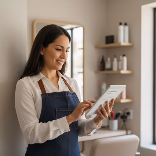 Small business owner checking numbers on a tablet in her shop