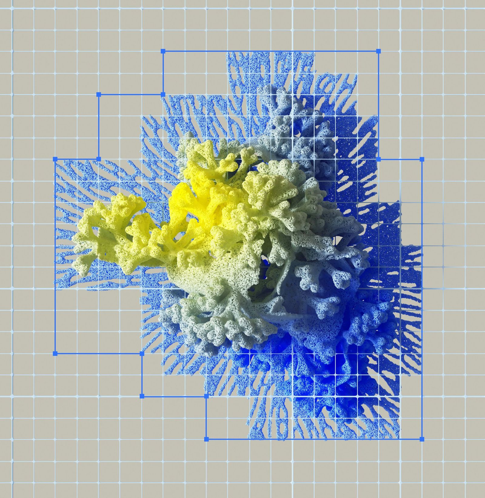 A yellow and blue form dissolving into particles