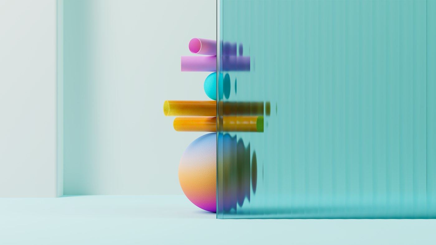 Colourful stacked fragments behind glass