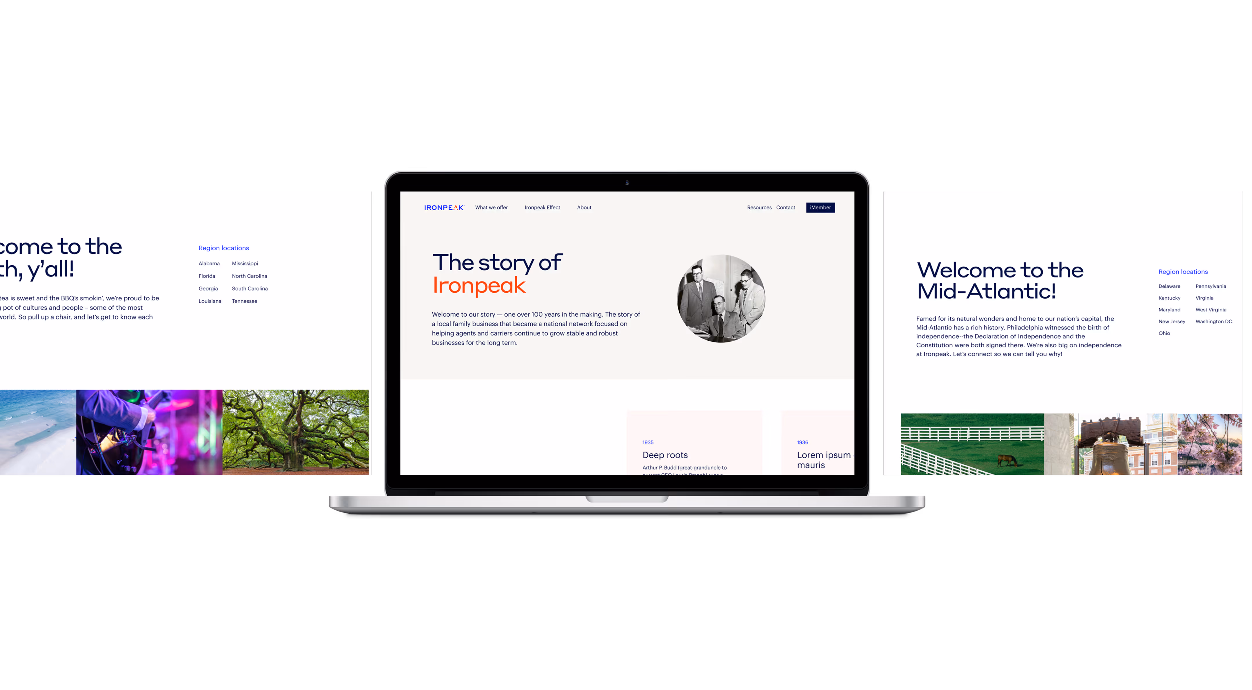 Images of the history hero and two regional pages.