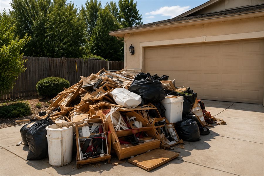 Large pile of broken-down furniture, wood and bagged waste on a driveway before haul-off