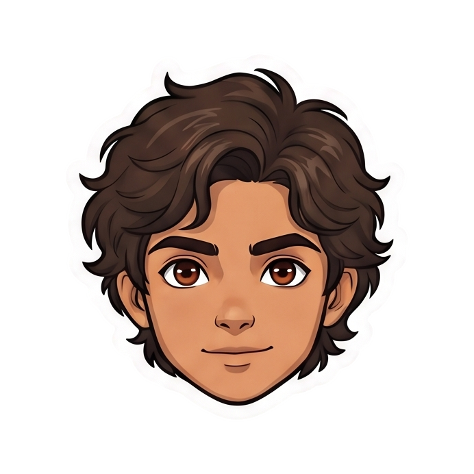 Illustration of a young man with medium brown wavy hair, brown eyes, and a subtle smile.