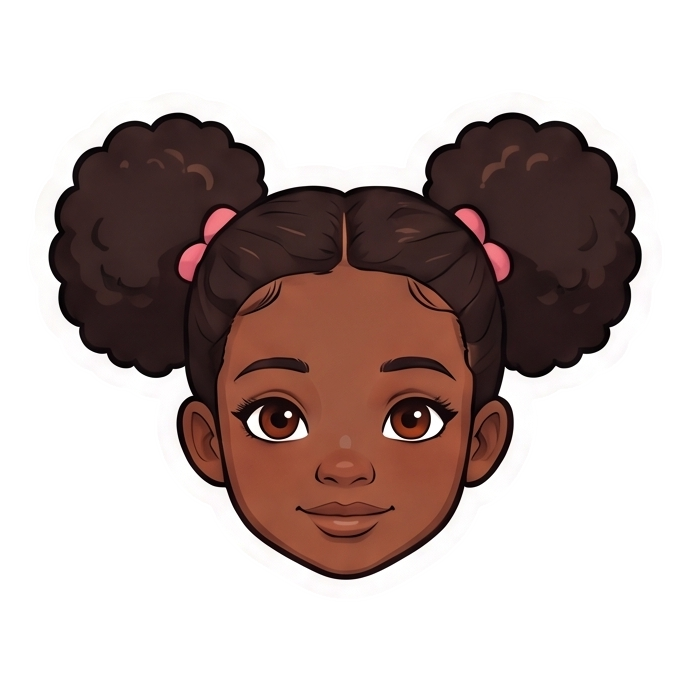 Illustration of a young girl with dark brown skin, large brown eyes, and two fluffy afro puffs tied with pink hairbands, smiling gently.