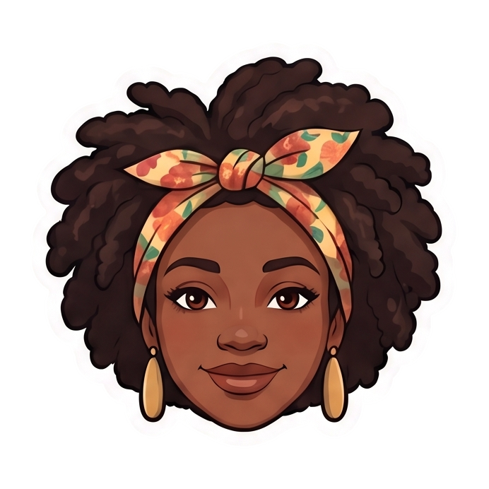 Illustration of a smiling woman with dark curly hair tied back with a colorful floral headband, wearing gold oval earrings.