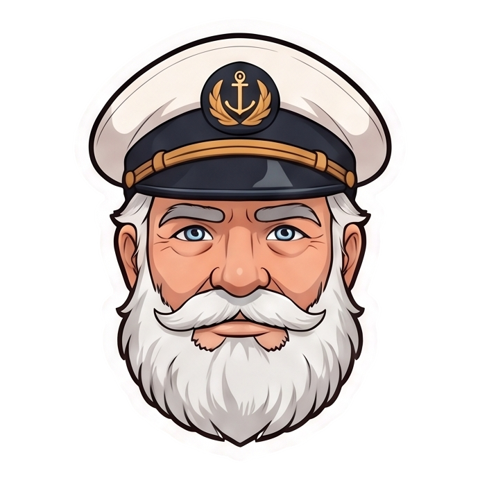 Illustration of a mature man with a white beard and mustache wearing a white captain's hat with an anchor emblem.