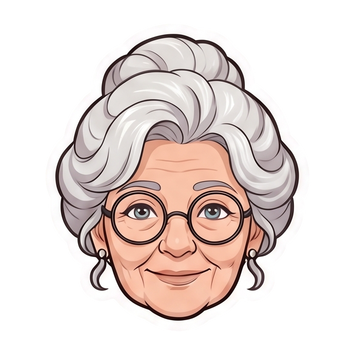 Illustration of an elderly woman with gray hair styled in a bun, wearing round glasses and pearl earrings, smiling gently.