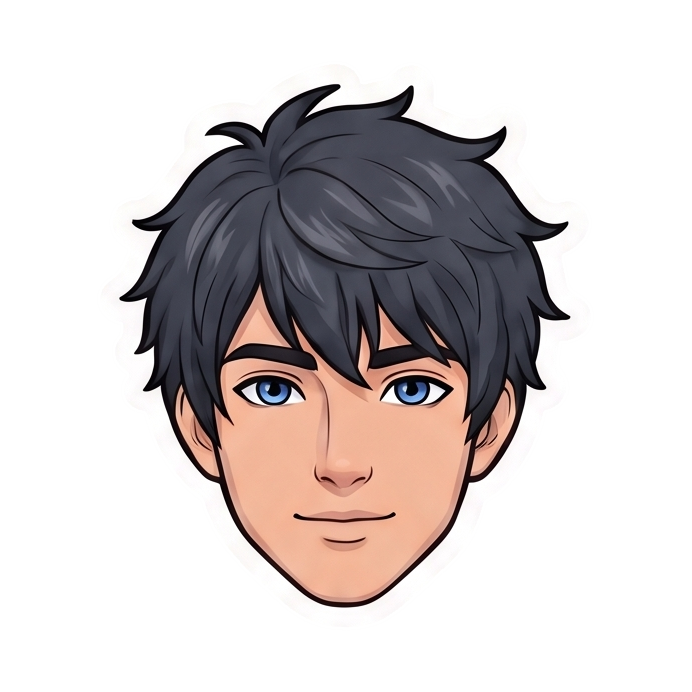 Illustration of a young man with messy dark hair, blue eyes, and a neutral expression on his face.