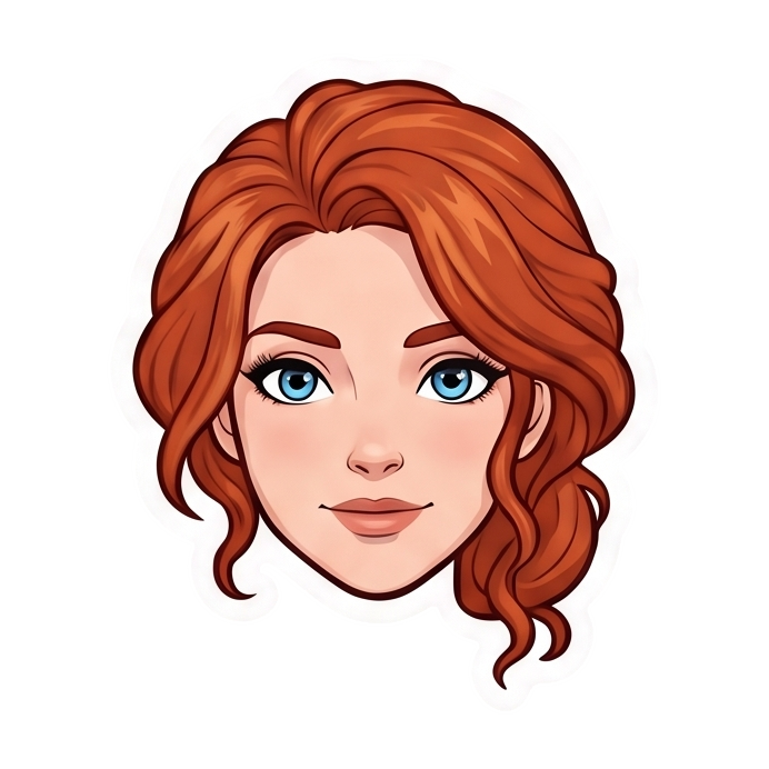 Illustration of a woman's face with blue eyes and wavy red hair styled to one side.