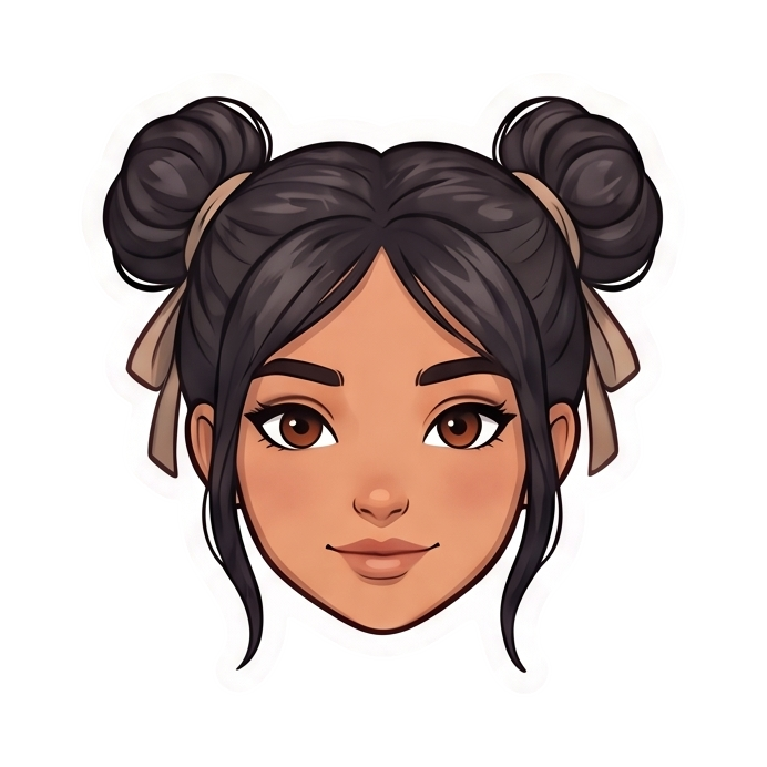 Illustration of a young woman’s face with medium skin tone, dark brown eyes, and dark hair styled in two buns tied with beige ribbons, smiling gently.