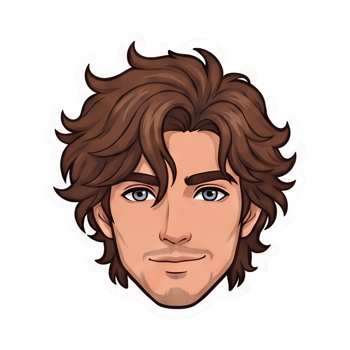 Illustration of a young man’s face with tousled brown hair, light beard, and blue eyes, smiling slightly.