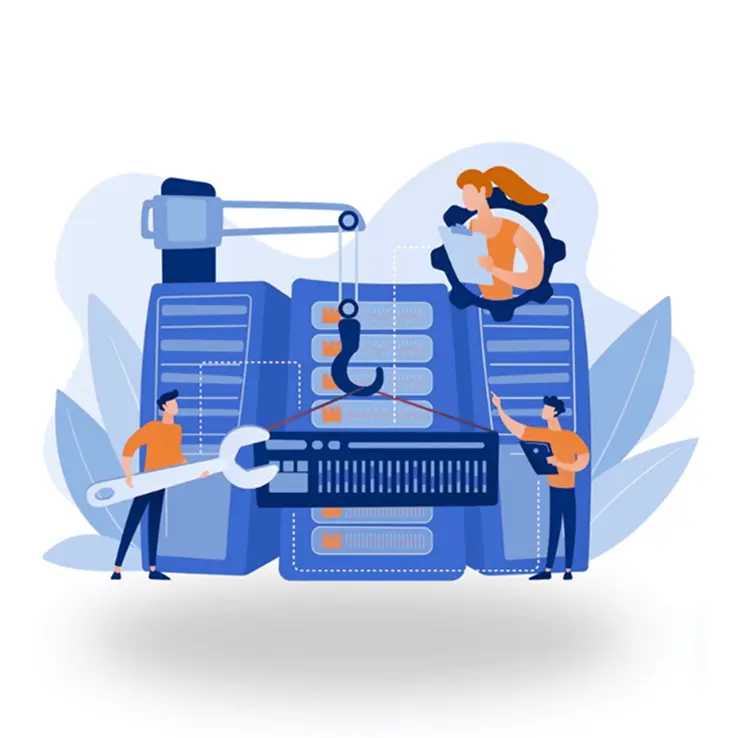 illustration of a team working on a server machine