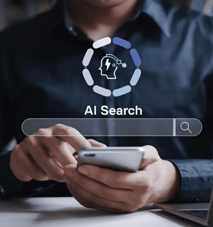 person using phone and virtual ai search logo