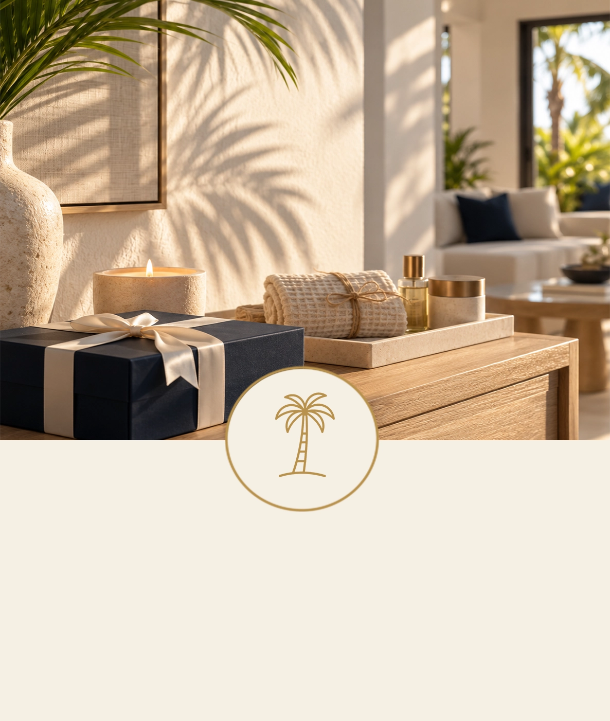 Peliments welcome set with candle and gift box on an oak console in a villa on Aruba
