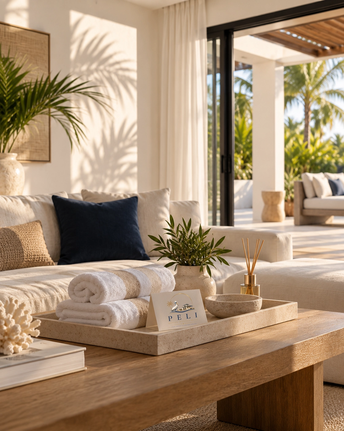 Villa living room on Aruba prepared for arrival, with fresh towels and a Peli welcome card