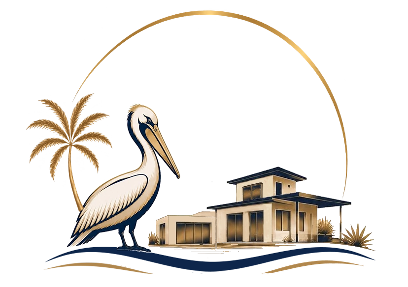 Peli Estate Management emblem: pelican and villa under a golden arc