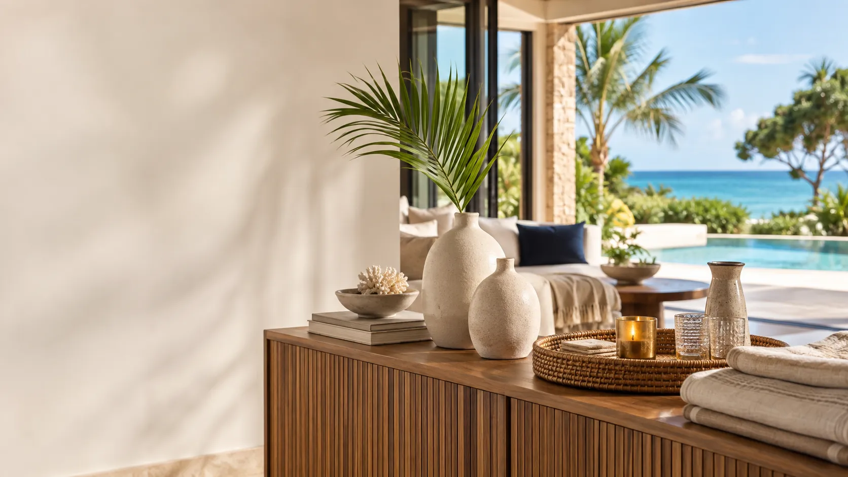 Home Living Set — linen, ceramics and candlelight on a teak sideboard