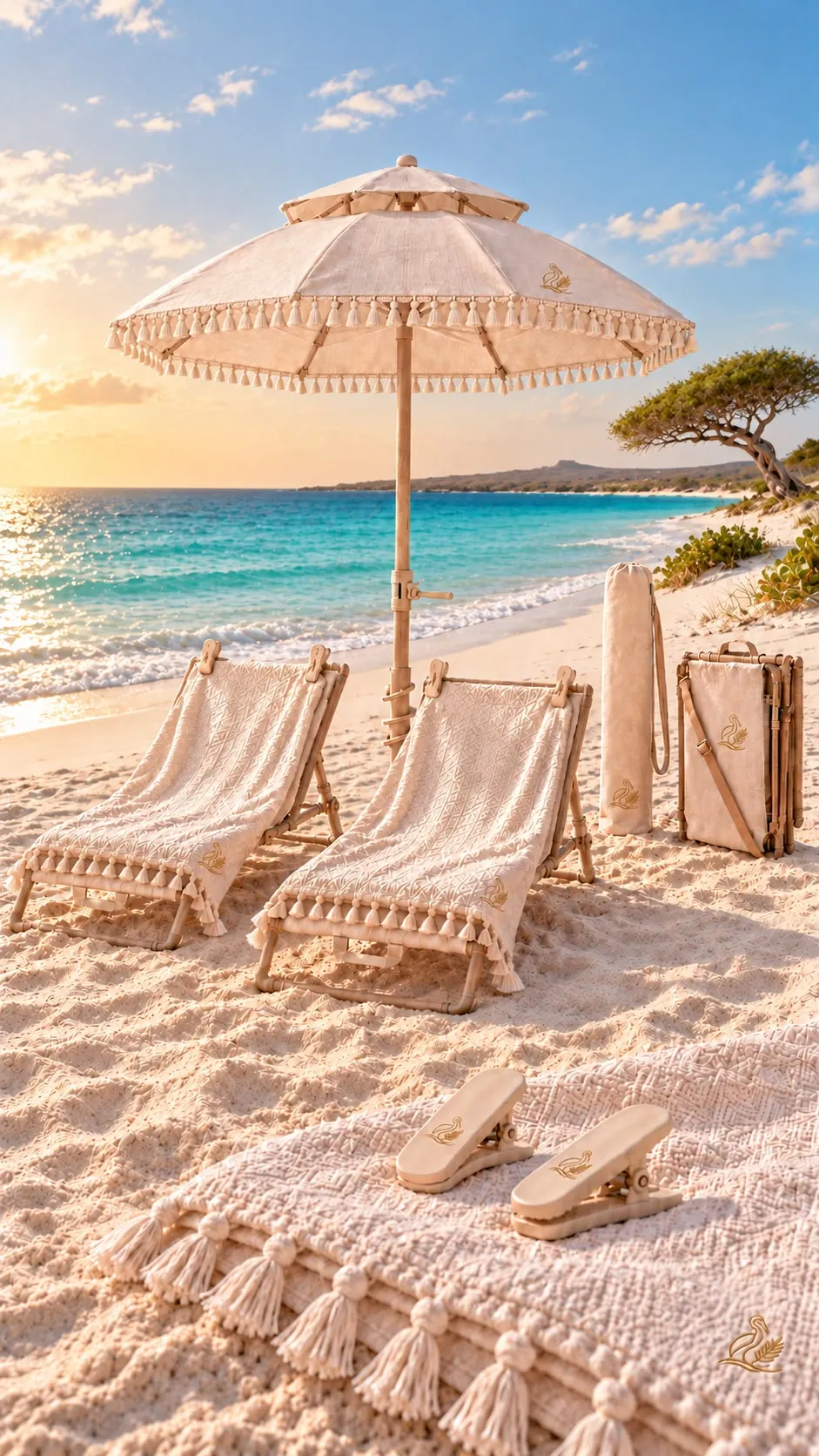 Beach Set — fringed umbrella, two beach chairs and carry bags on white sand
