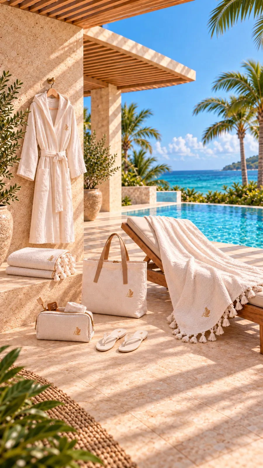 Bath & Pool set — cream robe, tasseled towels, tote and slides beside a villa pool