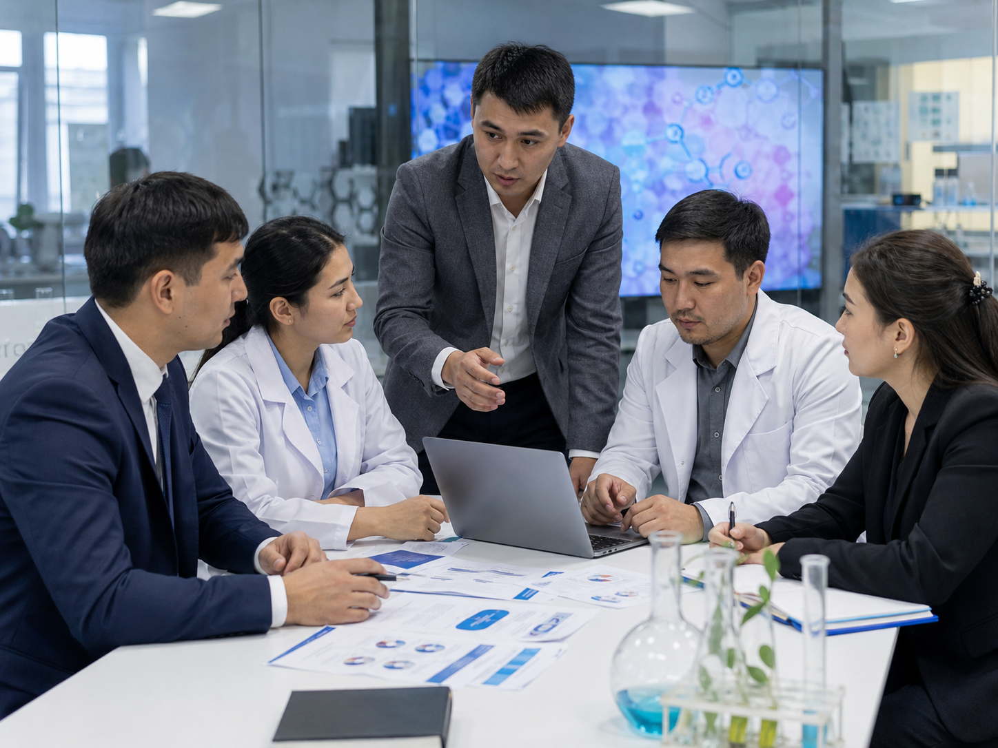 Central Asian biotechnology professionals collaborating on a regional innovation project