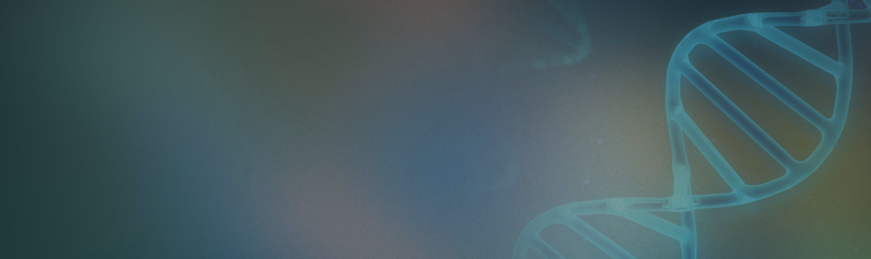 Close-up of a translucent blue-green DNA double helix strand on a blurred background.