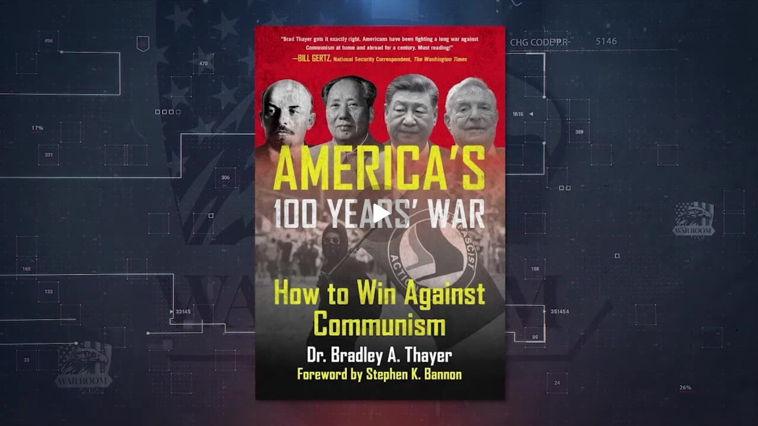 Cover of Dr. Bradley Thayer’s book America’s 100 Years’ War: How to Win Against Communism featured in a War Room video