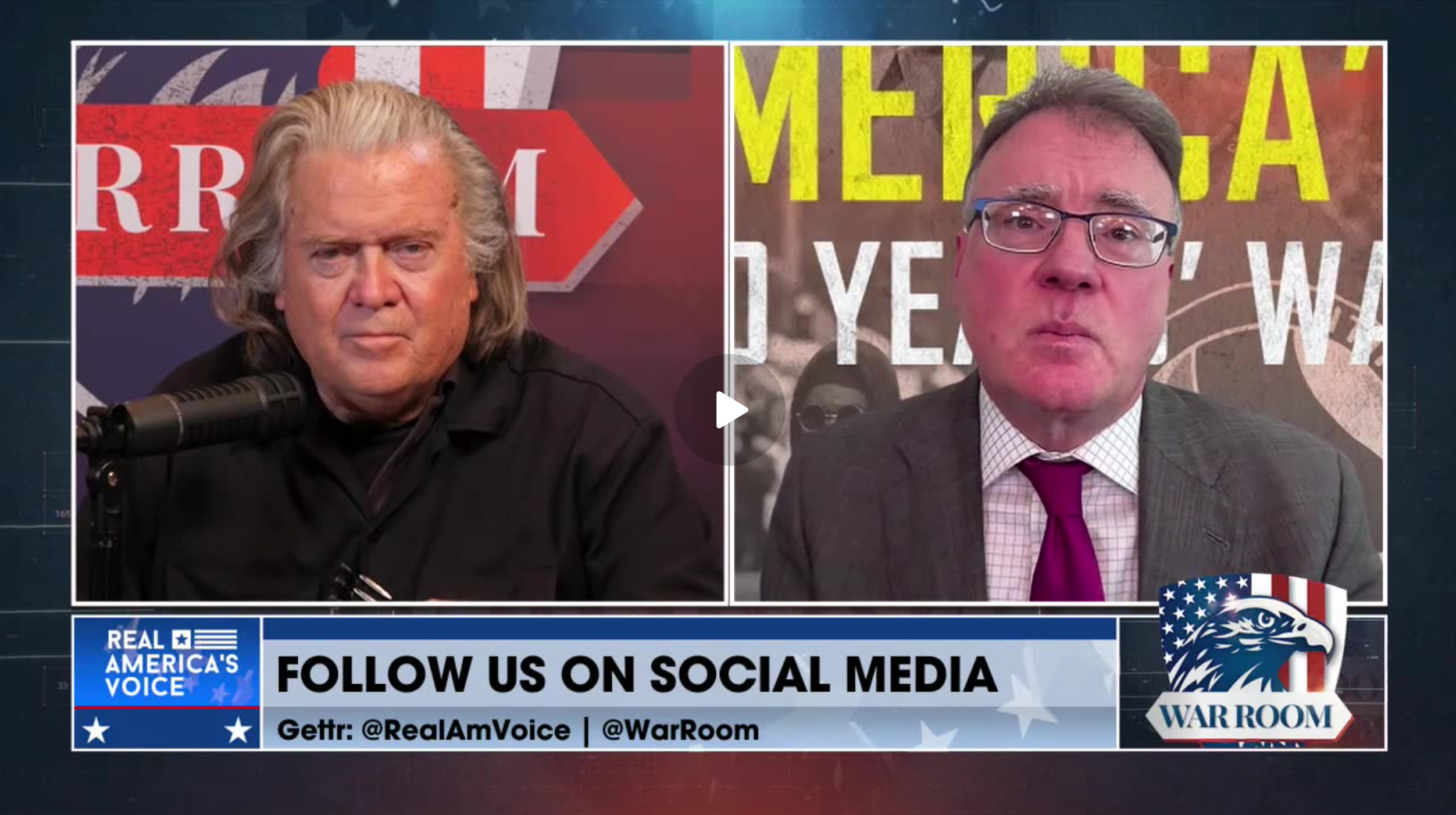 Steve Bannon and Bradley Thayer appear side by side during a War Room interview on Real America’s Voice.