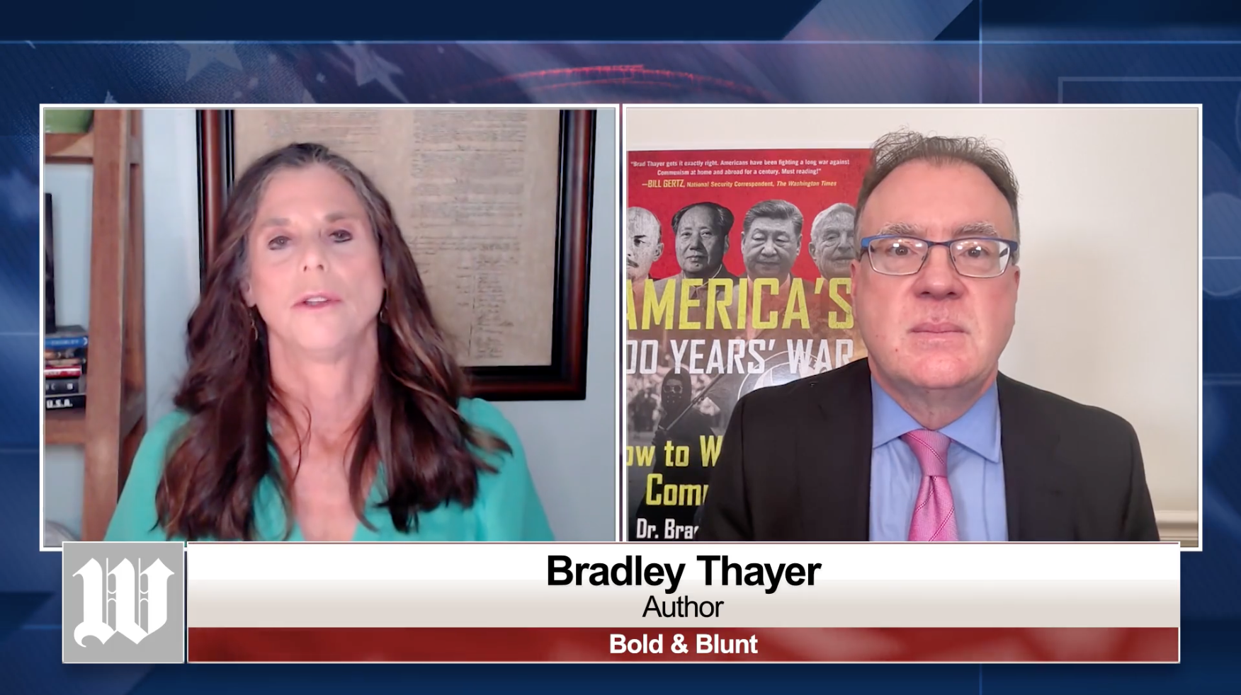 Split-screen Bold & Blunt interview with a host and guest, with the America’s 100 Years’ War book cover visible in the background.