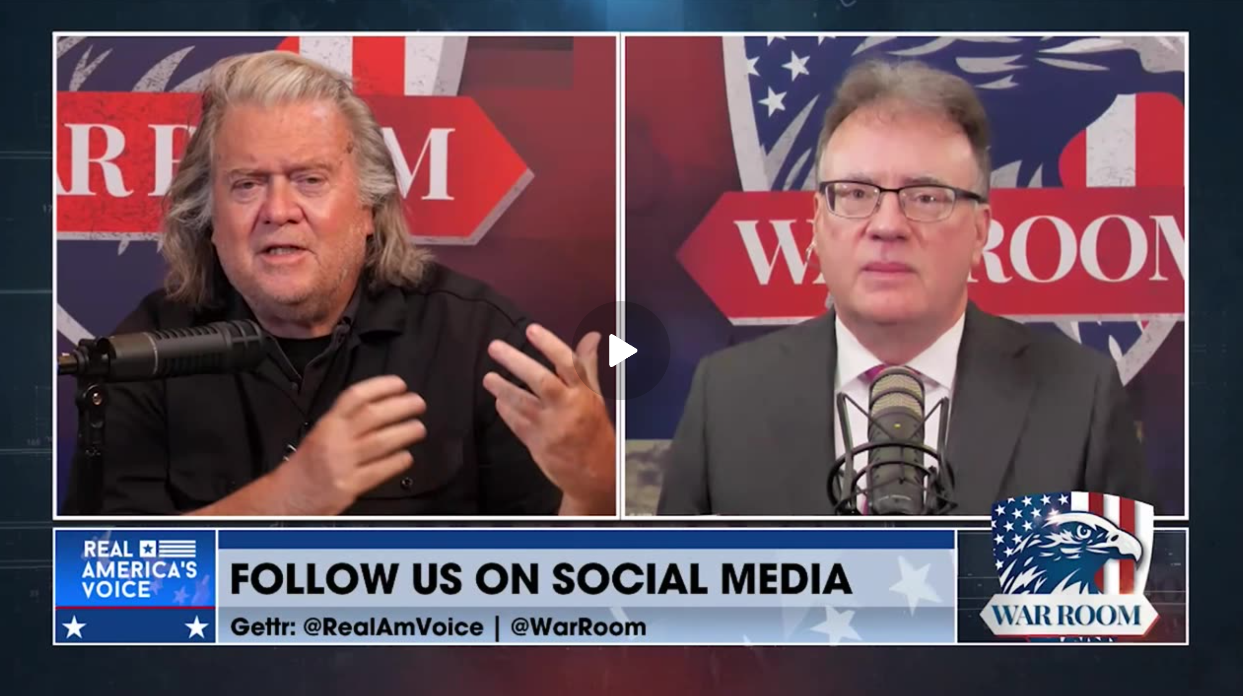 Split-screen War Room interview with two men speaking into studio microphones, with American flag graphics and War Room branding in the background.