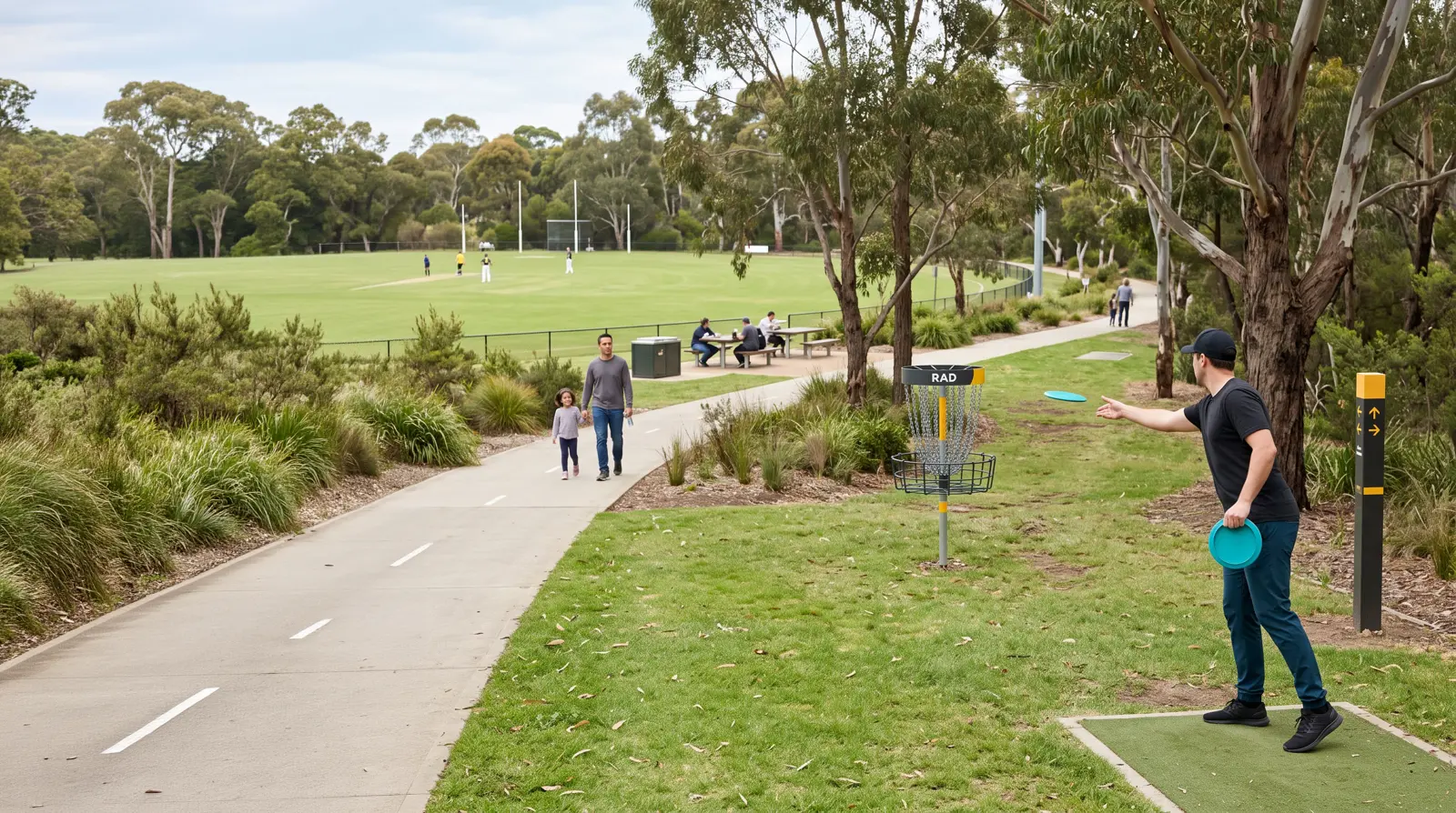 A course sharing parkland with trails and picnic areas