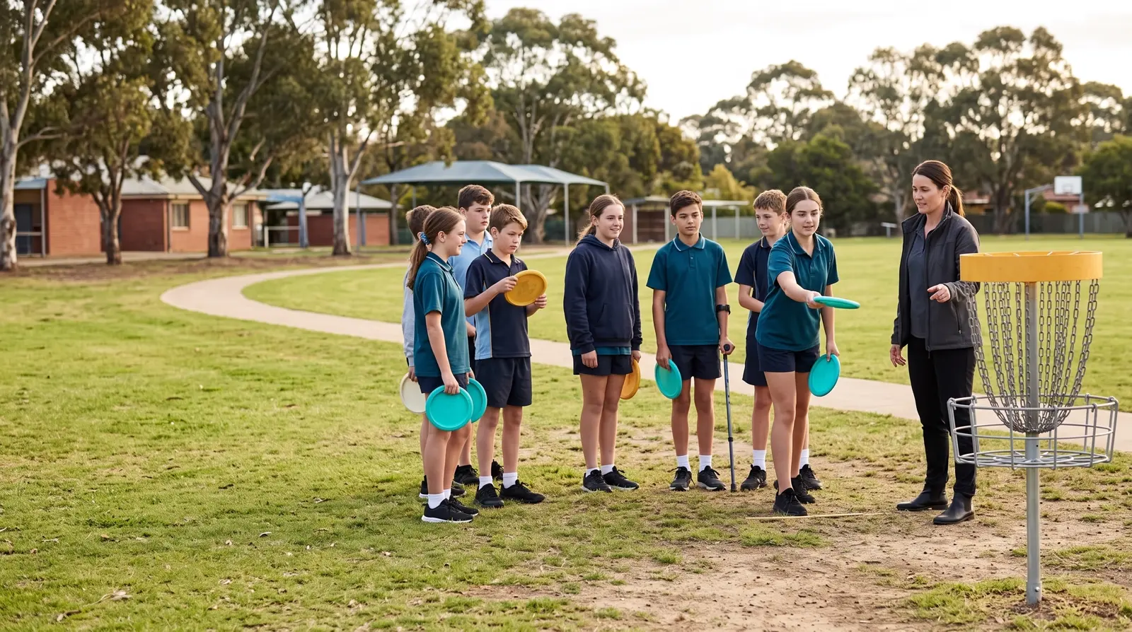 Students of mixed ages playing disc golf together