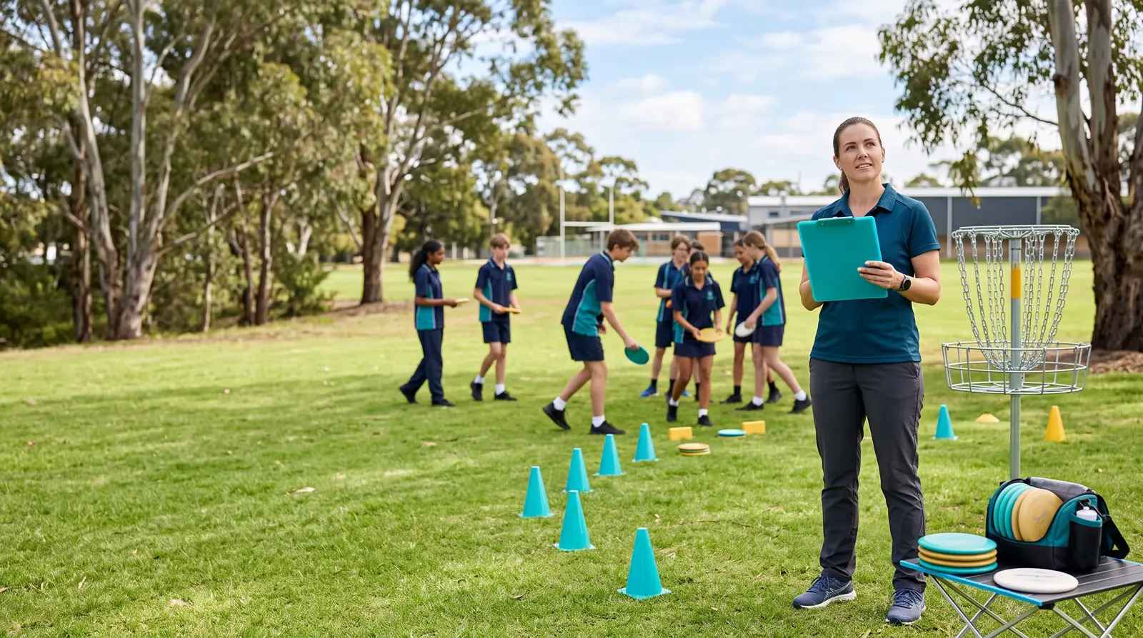 A teacher running a disc golf session with students