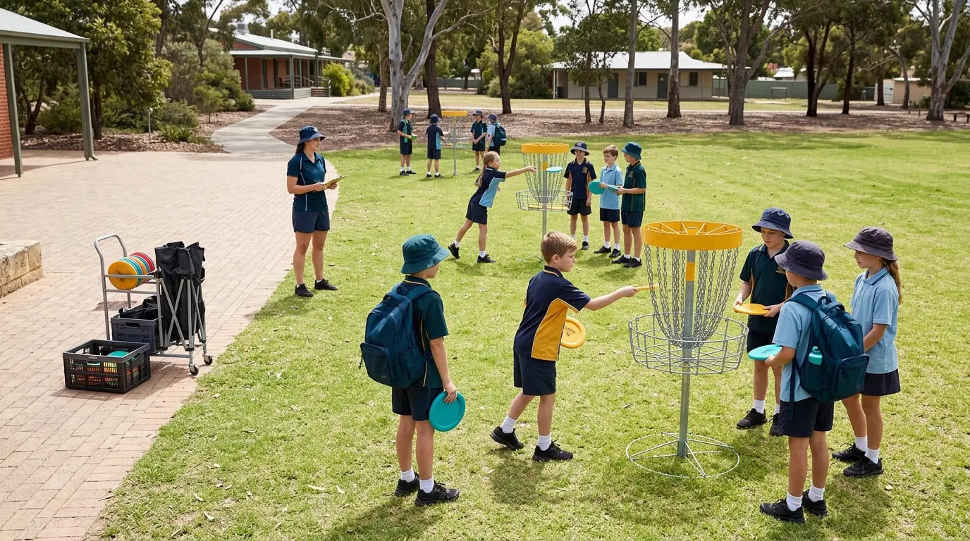 A portable pop-up disc golf setup on a school oval