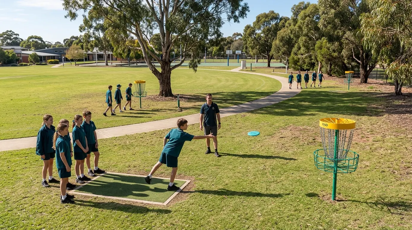 A permanent six-hole course laid out on a school oval