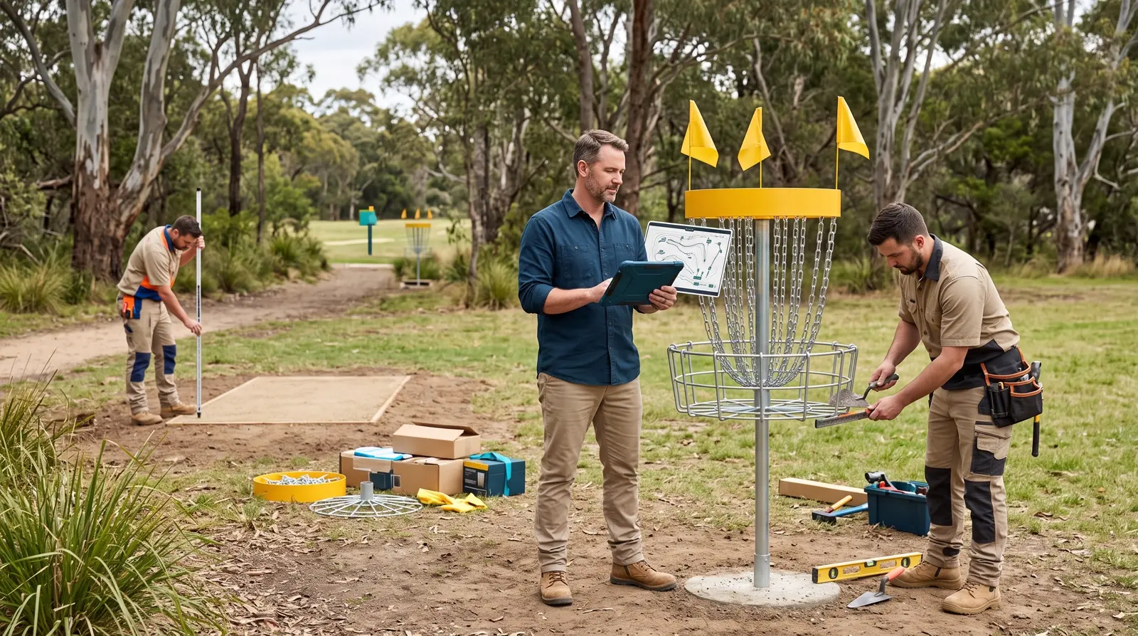 Course signage and formed tee pads installed on site