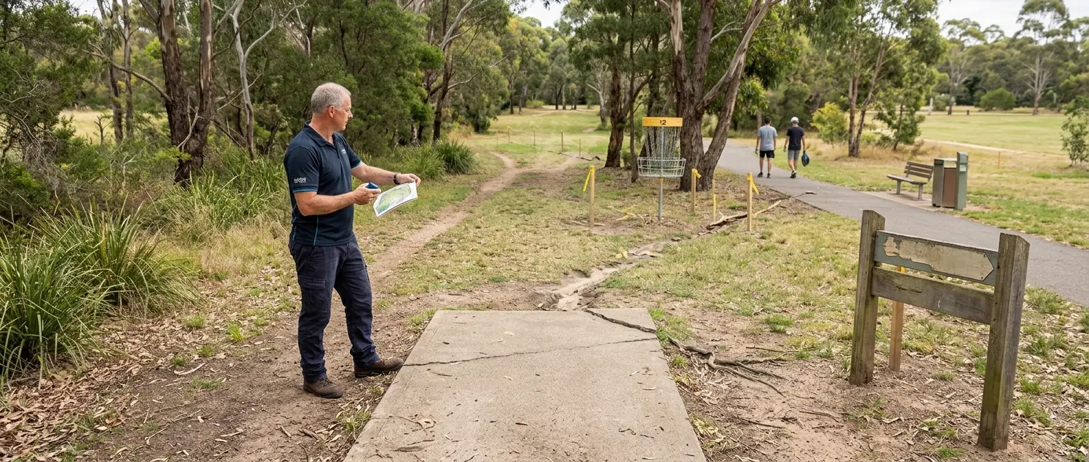 A RAD reviewer holding a course map beside a cracked concrete tee pad, with survey pegs marking an eroded fairway