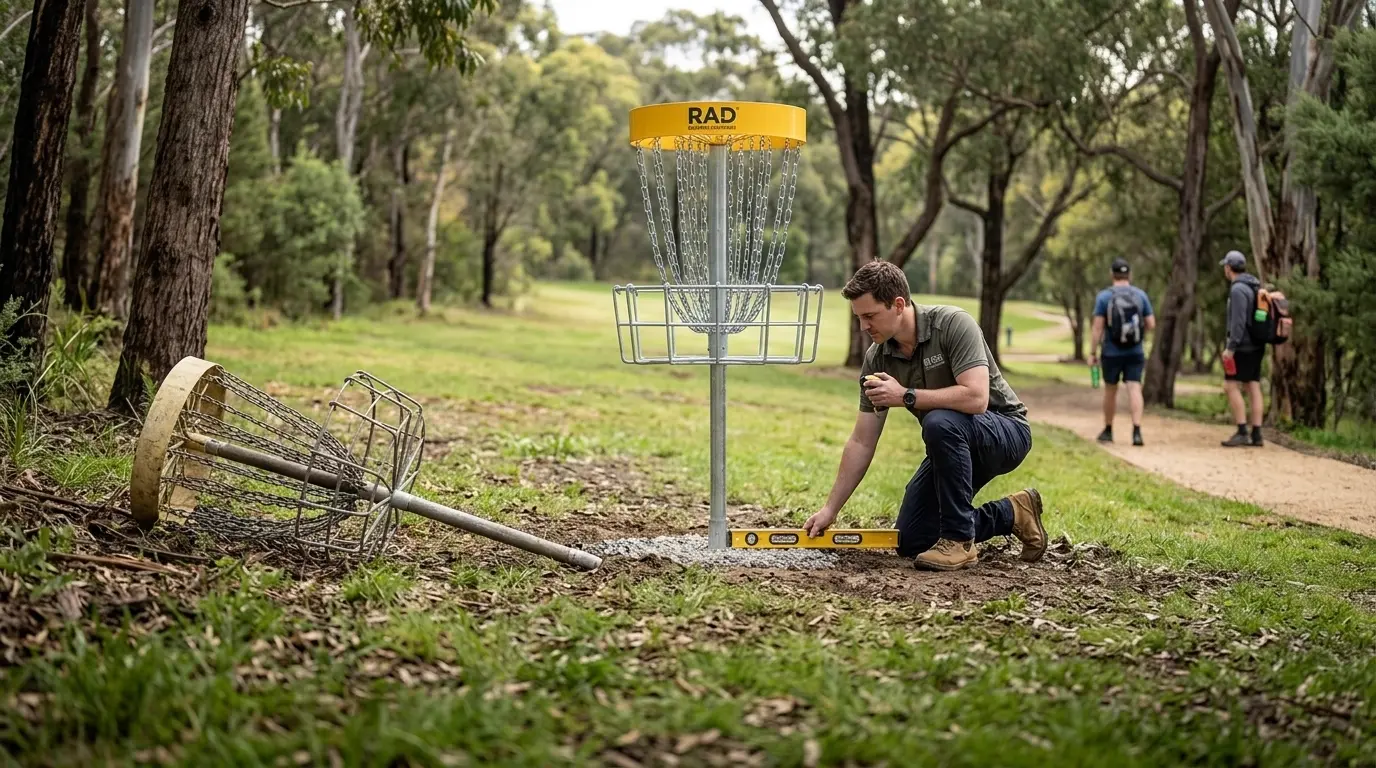 A disc golf basket in a family park setting