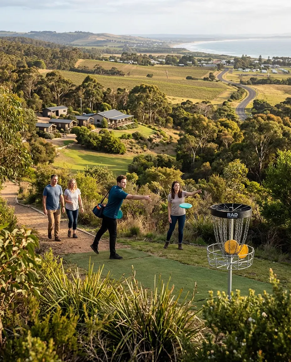 Players throwing on a hillside course above a coastal holiday park, with cabins, farmland and the sea beyond