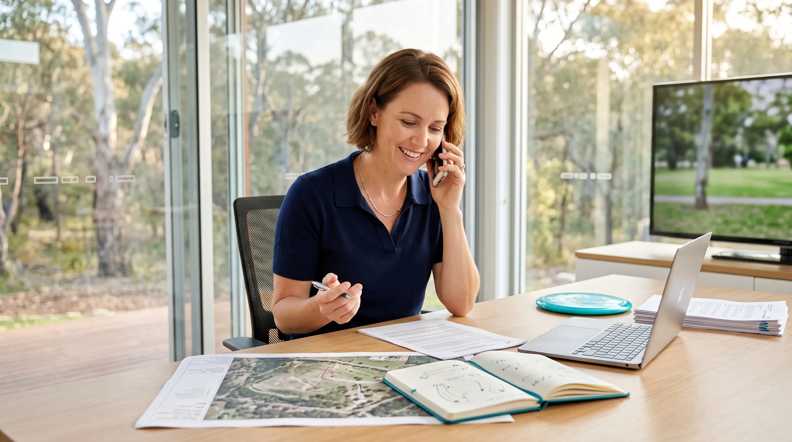 A RAD team member on the phone at a desk spread with a course map and hand-drawn hole sketches